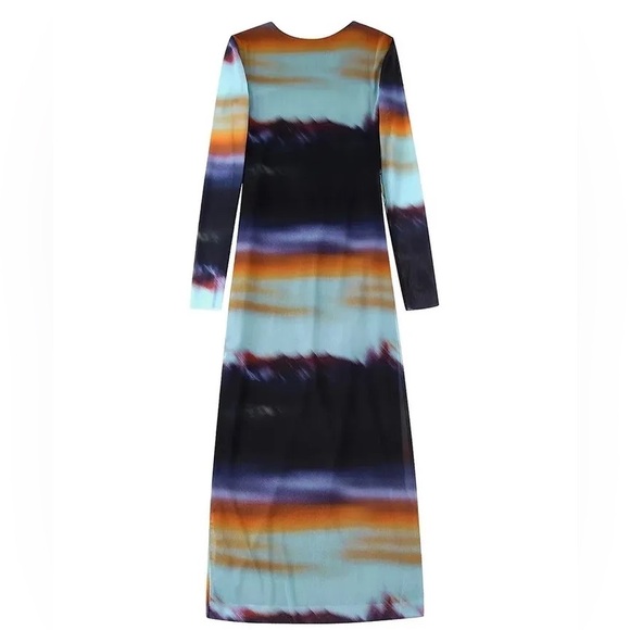 Zara Mesh Long Sleeve Sunset Drape Long Summer Gradient Dress Medium - Picture 4 of 7